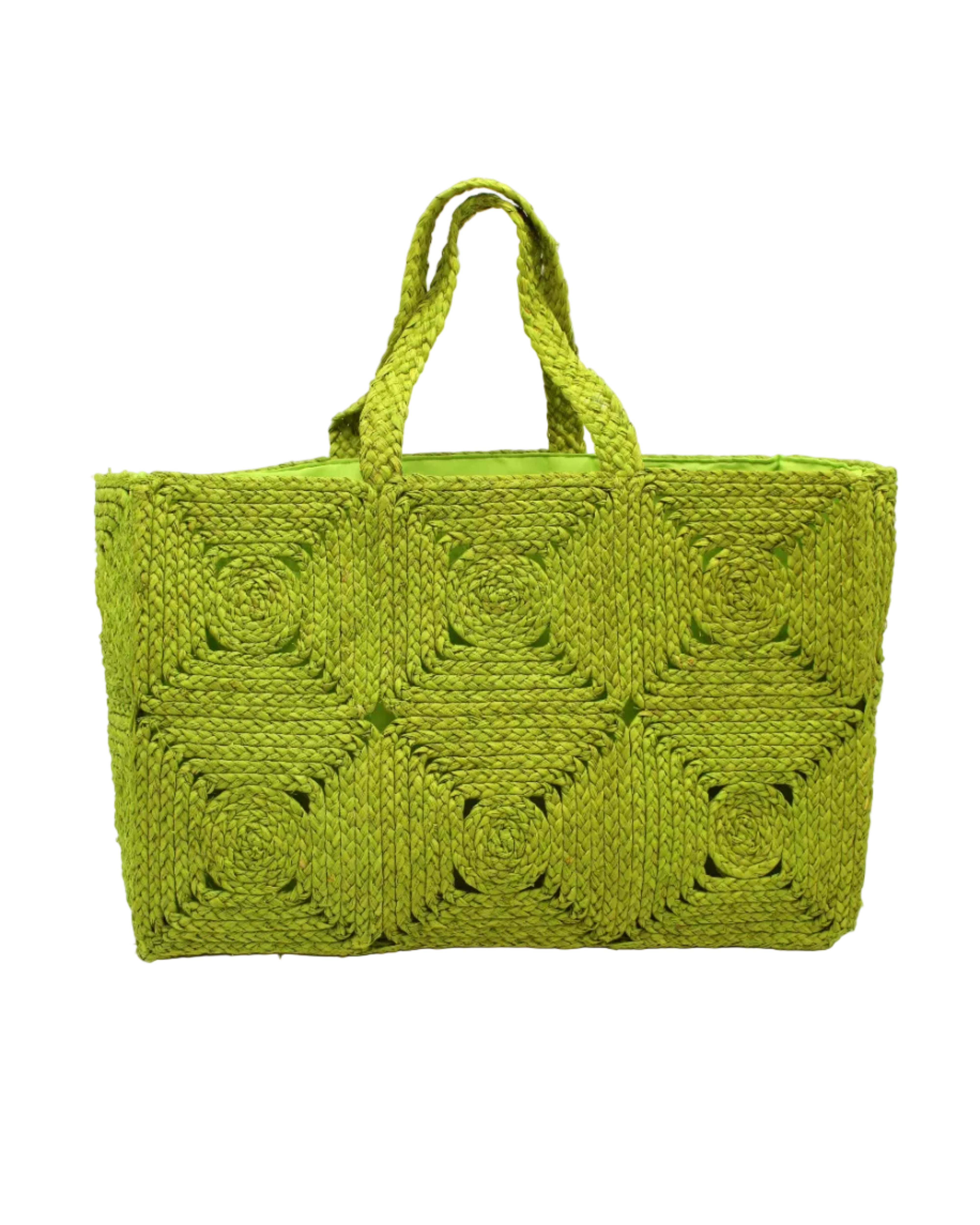 Gemma Crochet Disc Rectangle Large Straw Basket Handbag handmade braided natural raffia palm fiber in a solid hue of midori bright/neon/lime/green with subtle square disc pattern around the outside of the bag in two horizontal bands of squares creating a geometric pattern and matching woven handles beach bag purse - Shebobo