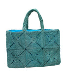 Gemma Crochet Disc Rectangle Large Straw Basket Handbag handmade braided natural raffia palm fiber in a solid hue of turquoise blue/green with subtle square disc pattern around the outside of the bag in two horizontal bands of squares creating a geometric pattern and matching woven handles beach bag purse - Shebobo