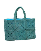 Gemma Crochet Disc Rectangle Large Straw Basket Handbag handmade braided natural raffia palm fiber in a solid hue of turquoise blue/green with subtle square disc pattern around the outside of the bag in two horizontal bands of squares creating a geometric pattern and matching woven handles beach bag purse - Shebobo