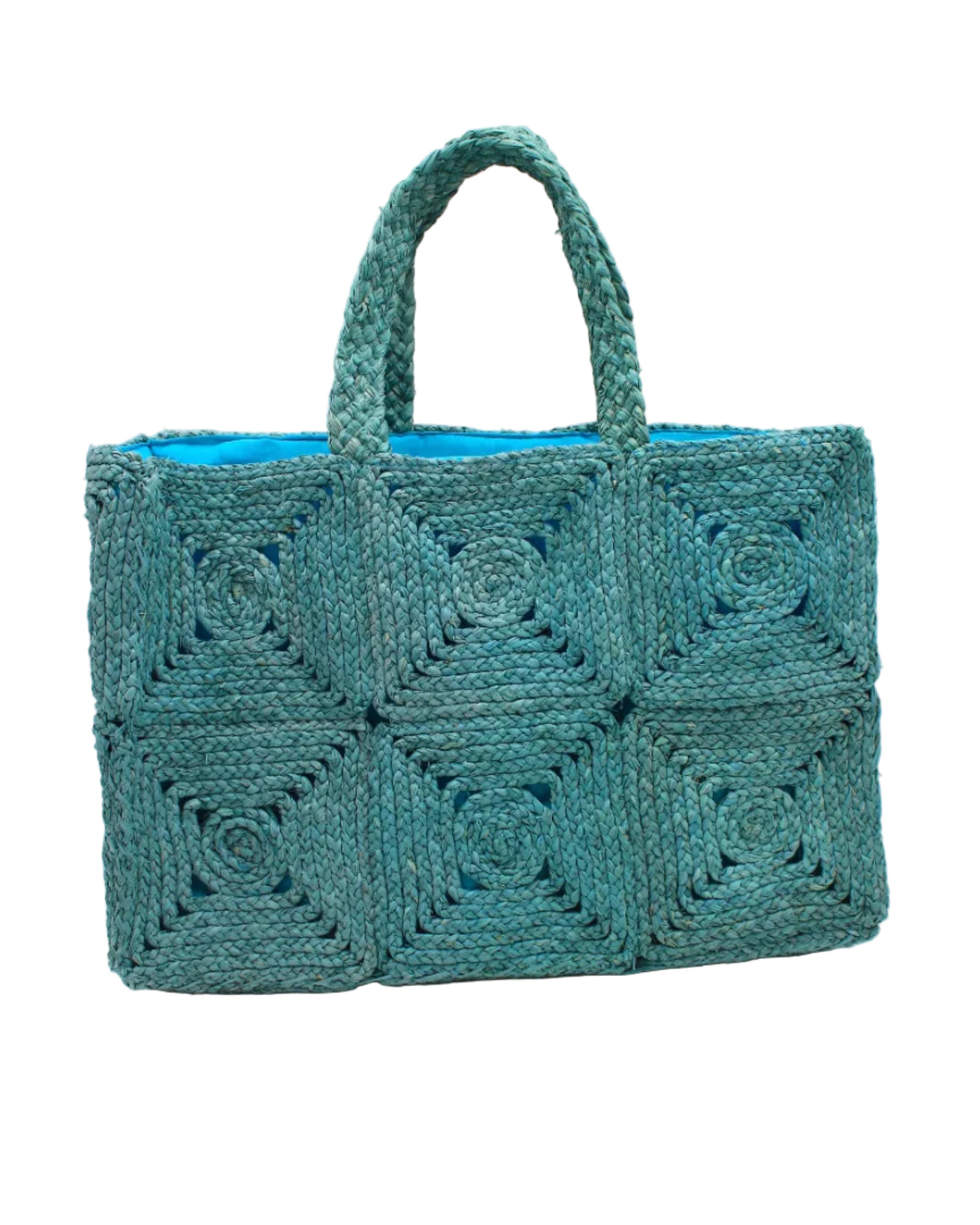 Gemma Crochet Disc Rectangle Large Straw Basket Handbag handmade braided natural raffia palm fiber in a solid hue of turquoise blue/green with subtle square disc pattern around the outside of the bag in two horizontal bands of squares creating a geometric pattern and matching woven handles beach bag purse - Shebobo