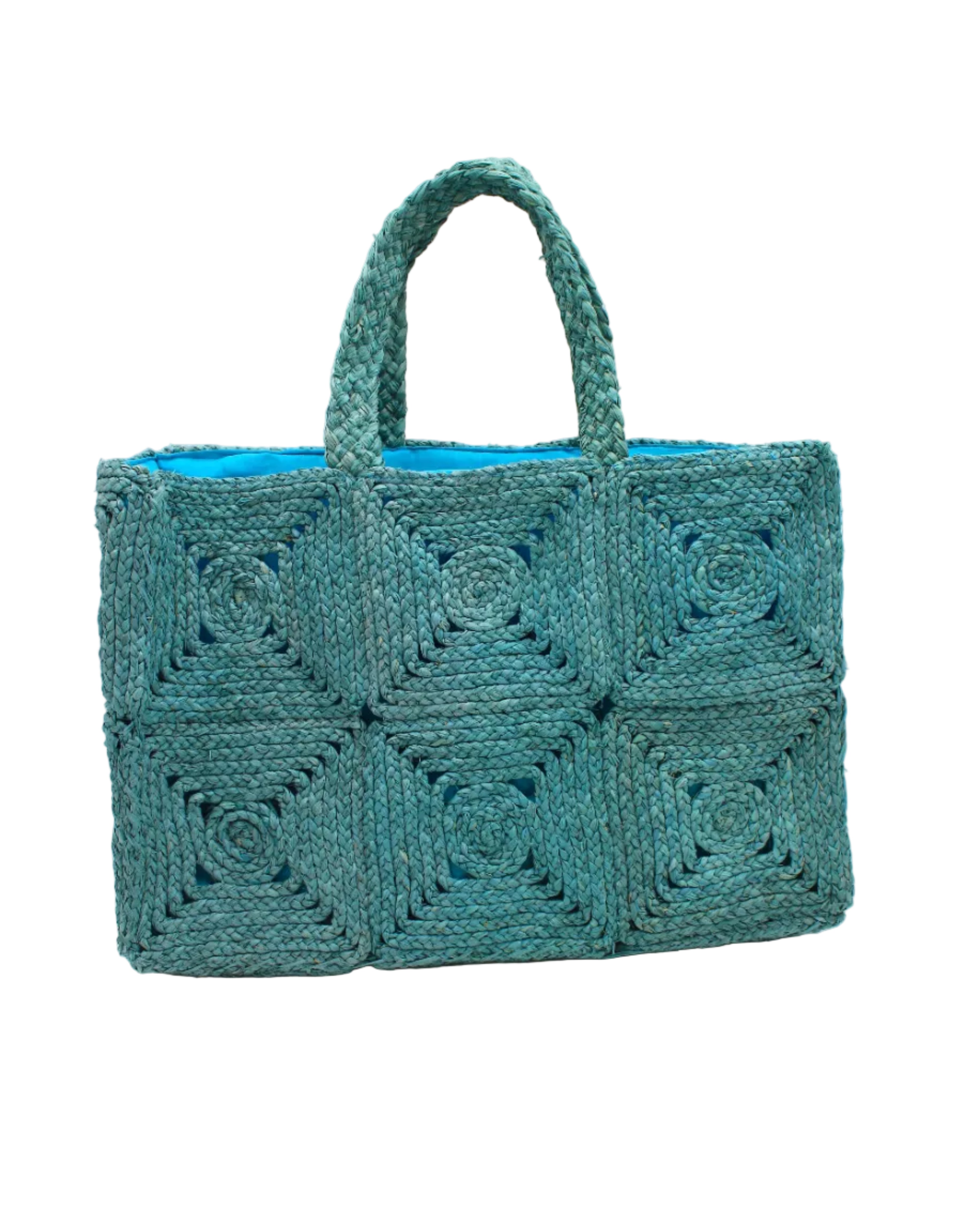 Gemma Crochet Disc Rectangle Large Straw Basket Handbag handmade braided natural raffia palm fiber in a solid hue of turquoise blue/green with subtle square disc pattern around the outside of the bag in two horizontal bands of squares creating a geometric pattern and matching woven handles beach bag purse - Shebobo