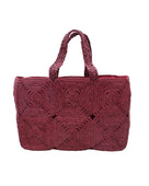 Gemma Crochet Disc Rectangle Large Straw Basket Handbag handmade braided natural raffia palm fiber in a solid hue of Umberwine burgundy/bordeaux/dark/purple/red with subtle square disc pattern around the outside of the bag in two horizontal bands of squares creating a geometric pattern and matching woven handles beach bag purse - Shebobo