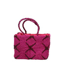 Gemma Crochet Disc Rectangle Fuchsia and Umberwine Straw Basket Handbag handmade woven raffia palm fiber in a two tone multicolor pattern of fuchsia hot/bright/barbie/pink and umberwine dark/red/purple/burgundy/bordeaux/claret create a coiled braid disc pattern result in a star pattern around the bag with matching woven handles top handle bag - Shebobo