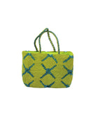 Gemma Crochet Disc Rectangle Midori and Turquoise Straw Basket Handbag handmade woven raffia palm fiber in a two tone multicolor pattern of Midori lime/bright/neon/green and Turquoise blue/green create a coiled braid disc pattern result in a star pattern around the bag with matching woven handles top handle bag - Shebobo