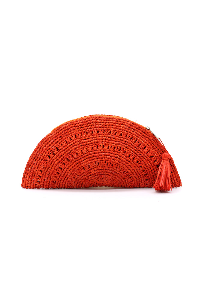 Half Moon XL Coral Crochet Straw Clutch with Tassel Zipper Pull handmade with weave creating varying half circle bands of texture - Shebobo