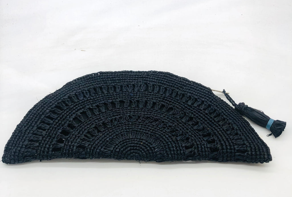 Half Moon XL Black Crochet Straw Clutch with Tassel Zipper Pull handmade with weave creating varying half circle bands of texture - Shebobo