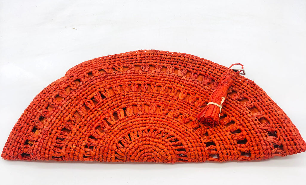 Half Moon XL Coral Crochet Straw Clutch with Tassel Zipper Pull handmade with weave creating varying half circle bands of texture - Shebobo