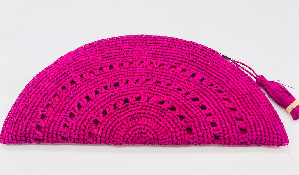 Half Moon XL Fuchsia Bright/Barbie/Pink Crochet Straw Clutch with Tassel Zipper Pull handmade with weave creating varying half circle bands of texture - Shebobo