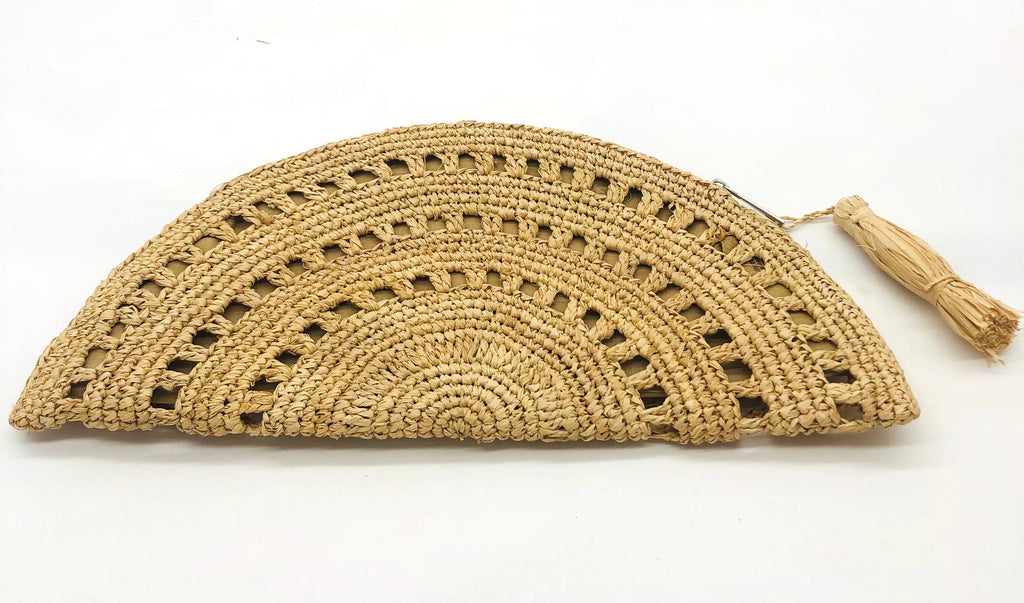 Half Moon XL Natural Crochet Straw Clutch with Tassel Zipper Pull handmade with weave creating varying half circle bands of texture - Shebobo