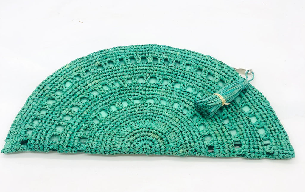 Half Moon XL Seafoam Crochet Straw Clutch with Tassel Zipper Pull handmade with weave creating varying half circle bands of texture - Shebobo