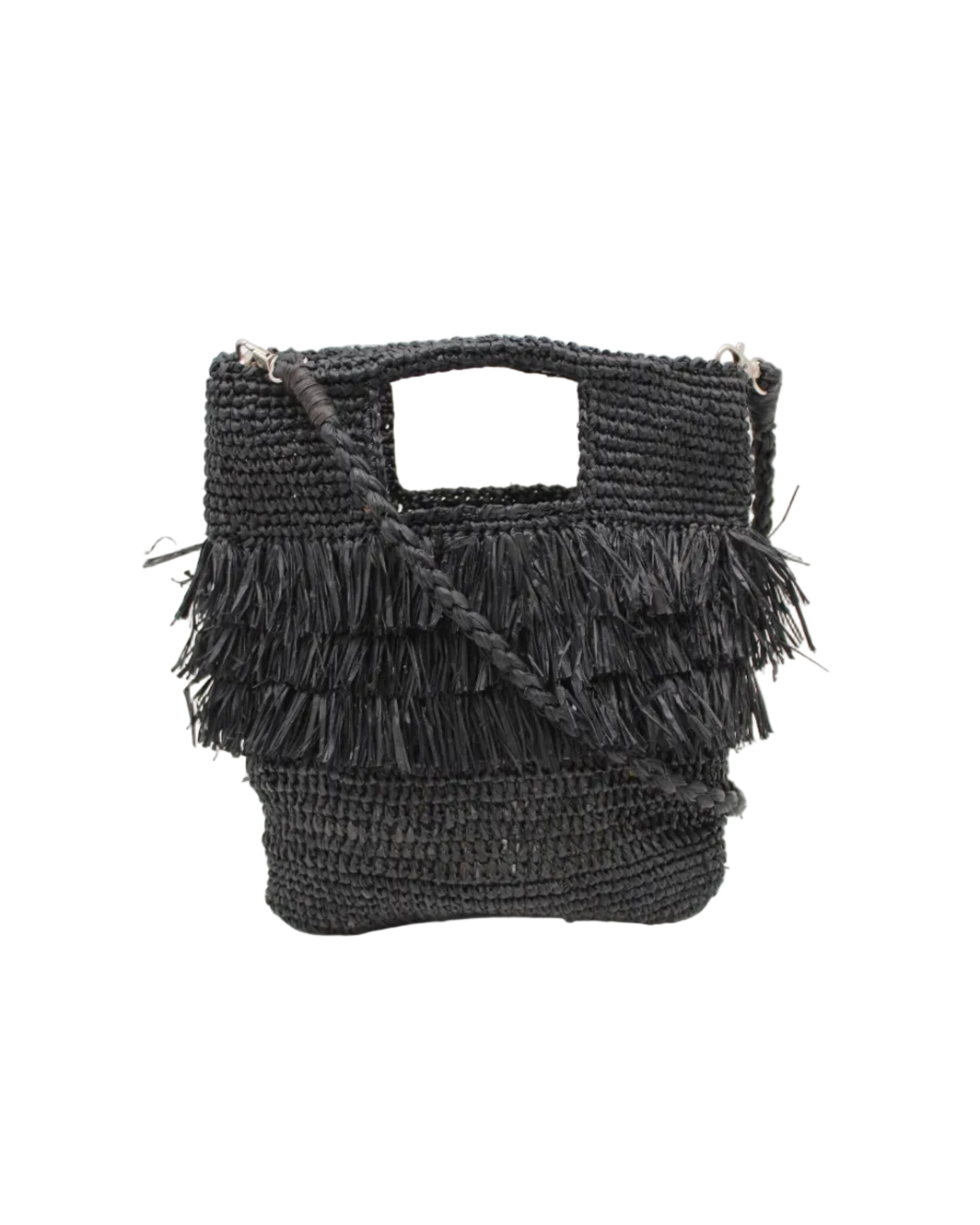 Hana Mini ConCon Crochet Petite Raffia Straw Basket Handbag Convertible Crossbody Bag with Fringe Purse handmade raffia palm fiber in a solid hue of black in a subtle band crochet link texture with horizontal multi tired layers of fringe around the center third of the bag with matching detachable crossbody strap - Shebobo