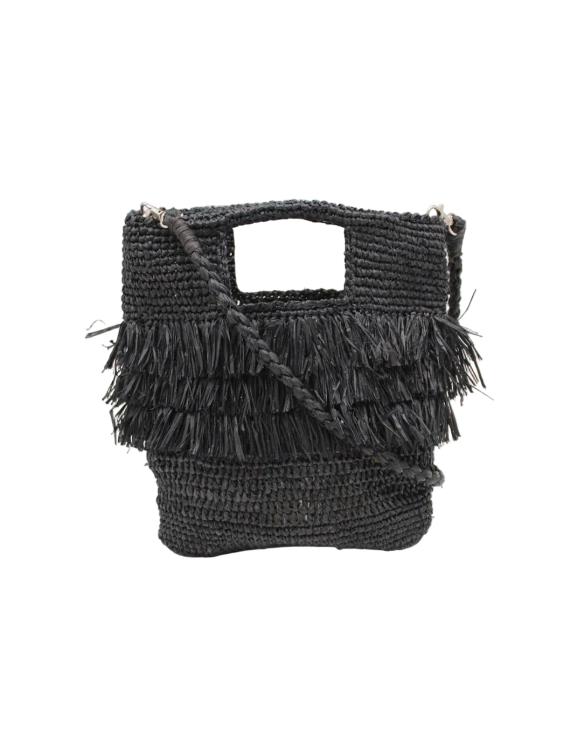 Hana Mini ConCon Crochet Petite Raffia Straw Basket Handbag Convertible Crossbody Bag with Fringe Purse handmade raffia palm fiber in a solid hue of black in a subtle band crochet link texture with horizontal multi tired layers of fringe around the center third of the bag with matching detachable crossbody strap - Shebobo