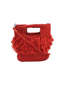 Hana Mini ConCon Crochet Petite Raffia Straw Basket Handbag Convertible Crossbody Bag with Fringe Purse handmade raffia palm fiber in a solid hue of coral orange/red in a subtle band crochet link texture with horizontal multi tired layers of fringe around the center third of the bag with matching detachable crossbody strap - Shebobo