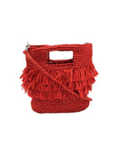 Hana Mini ConCon Crochet Petite Raffia Straw Basket Handbag Convertible Crossbody Bag with Fringe Purse handmade raffia palm fiber in a solid hue of coral orange/red in a subtle band crochet link texture with horizontal multi tired layers of fringe around the center third of the bag with matching detachable crossbody strap - Shebobo