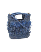 Hana Mini ConCon Crochet Petite Raffia Straw Basket Handbag Convertible Crossbody Bag with Fringe Purse handmade raffia palm fiber in a solid hue of denim light/blue in a subtle band crochet link texture with horizontal multi tired layers of fringe around the center third of the bag with matching detachable crossbody strap - Shebobo