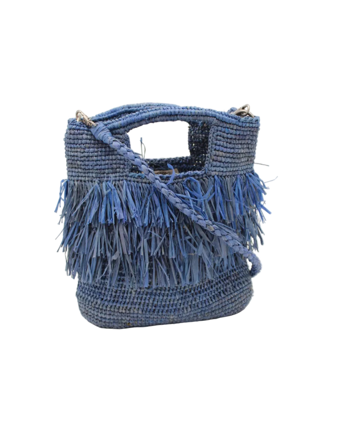 Hana Mini ConCon Crochet Petite Raffia Straw Basket Handbag Convertible Crossbody Bag with Fringe Purse handmade raffia palm fiber in a solid hue of denim light/blue in a subtle band crochet link texture with horizontal multi tired layers of fringe around the center third of the bag with matching detachable crossbody strap - Shebobo