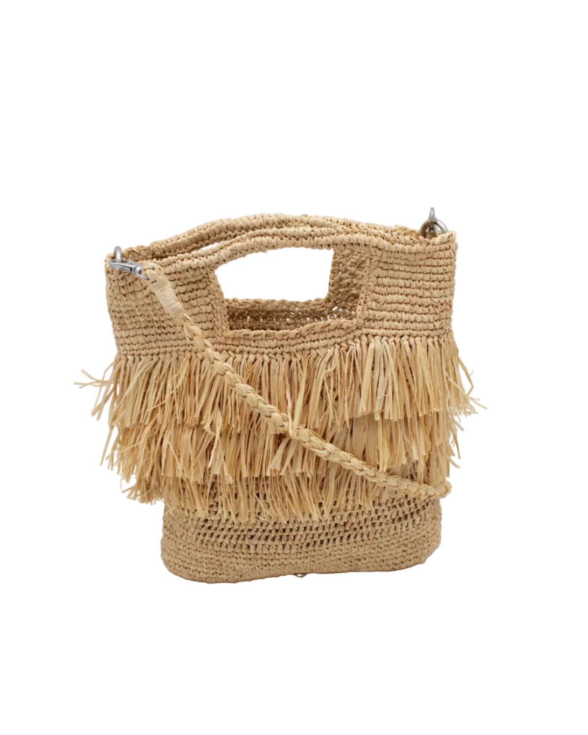Hana Mini ConCon Crochet Petite Raffia Straw Basket Handbag Convertible Crossbody Bag with Fringe Purse handmade raffia palm fiber in a solid hue of natural straw color in a subtle band crochet link texture with horizontal multi tired layers of fringe around the center third of the bag with matching detachable crossbody strap - Shebobo