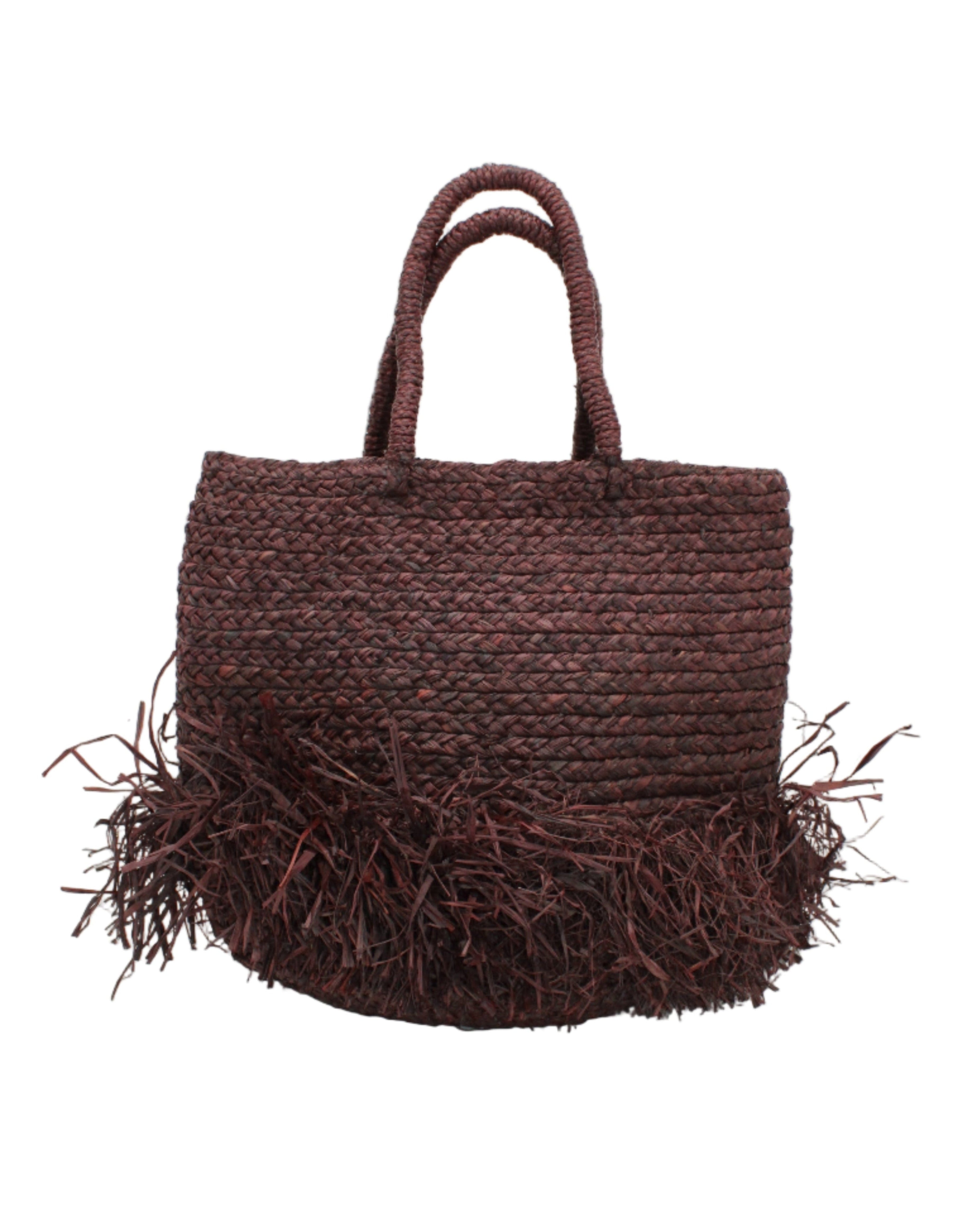 Hanalei Braided Straw Basket Shoulder Bag with Fringe handmade braided natural raffia palm fiber in a solid hue of Espresso chocolate/dark/brown with horizontal bands of braids  making a subtle texture and knotted long brushed fringe band around the bottom third of the bag and matching looped handles beach bag purse - Shebobo