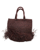 Hanalei Braided Straw Basket Shoulder Bag with Fringe handmade braided natural raffia palm fiber in a solid hue of Espresso chocolate/dark/brown with horizontal bands of braids  making a subtle texture and knotted long brushed fringe band around the bottom third of the bag and matching looped handles beach bag purse - Shebobo