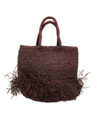 Hanalei Braided Straw Basket Shoulder Bag with Fringe handmade braided natural raffia palm fiber in a solid hue of Espresso chocolate/dark/brown with horizontal bands of braids  making a subtle texture and knotted long brushed fringe band around the bottom third of the bag and matching looped handles beach bag purse - Shebobo