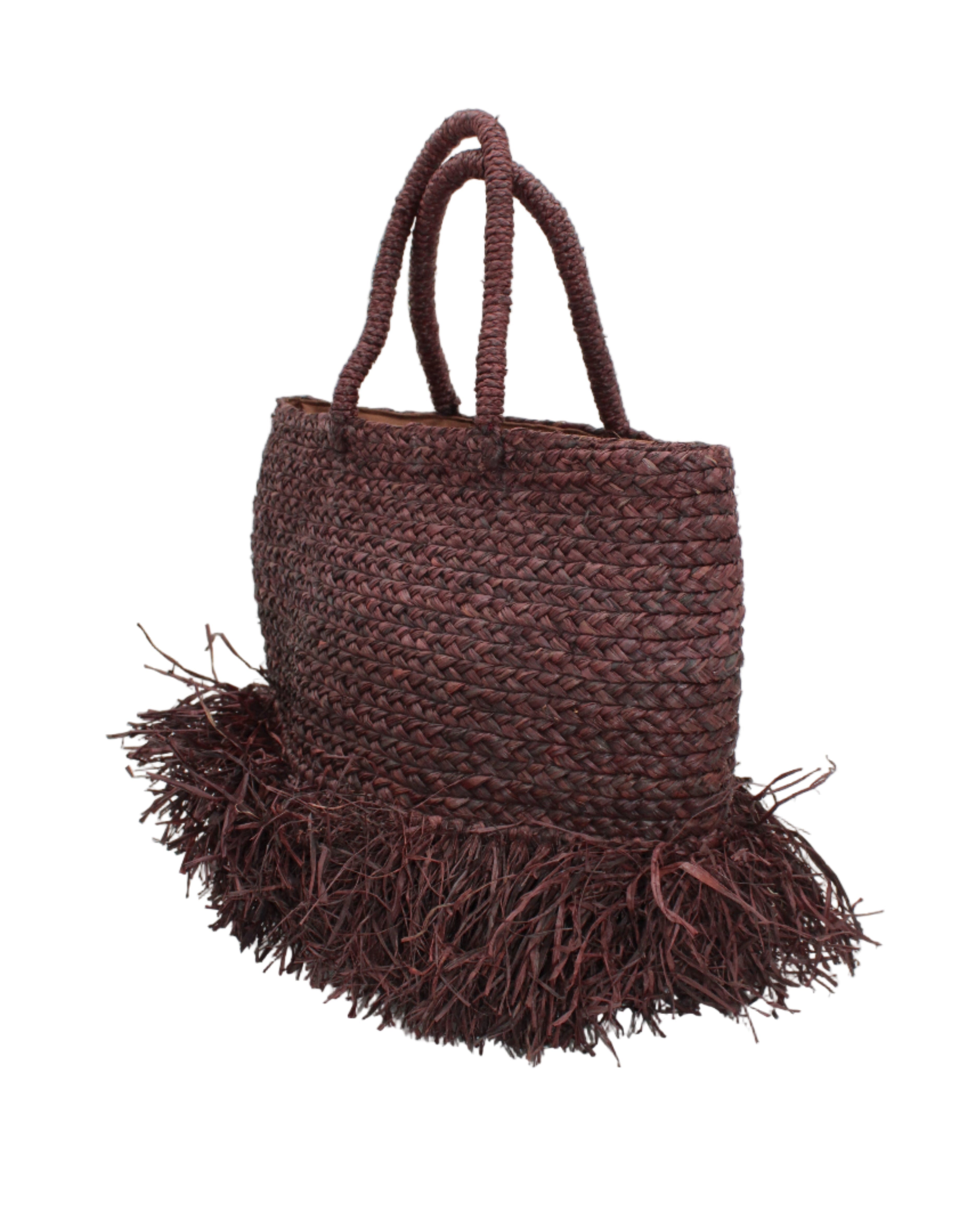 Side view Hanalei Braided Straw Basket Shoulder Bag with Fringe handmade braided natural raffia palm fiber in a solid hue of Mocha chocolate/dark/brown with horizontal bands of braids  making a subtle texture and knotted long brushed fringe band around the botom third of the bag and matching looped handles beach bag purse - Shebobo