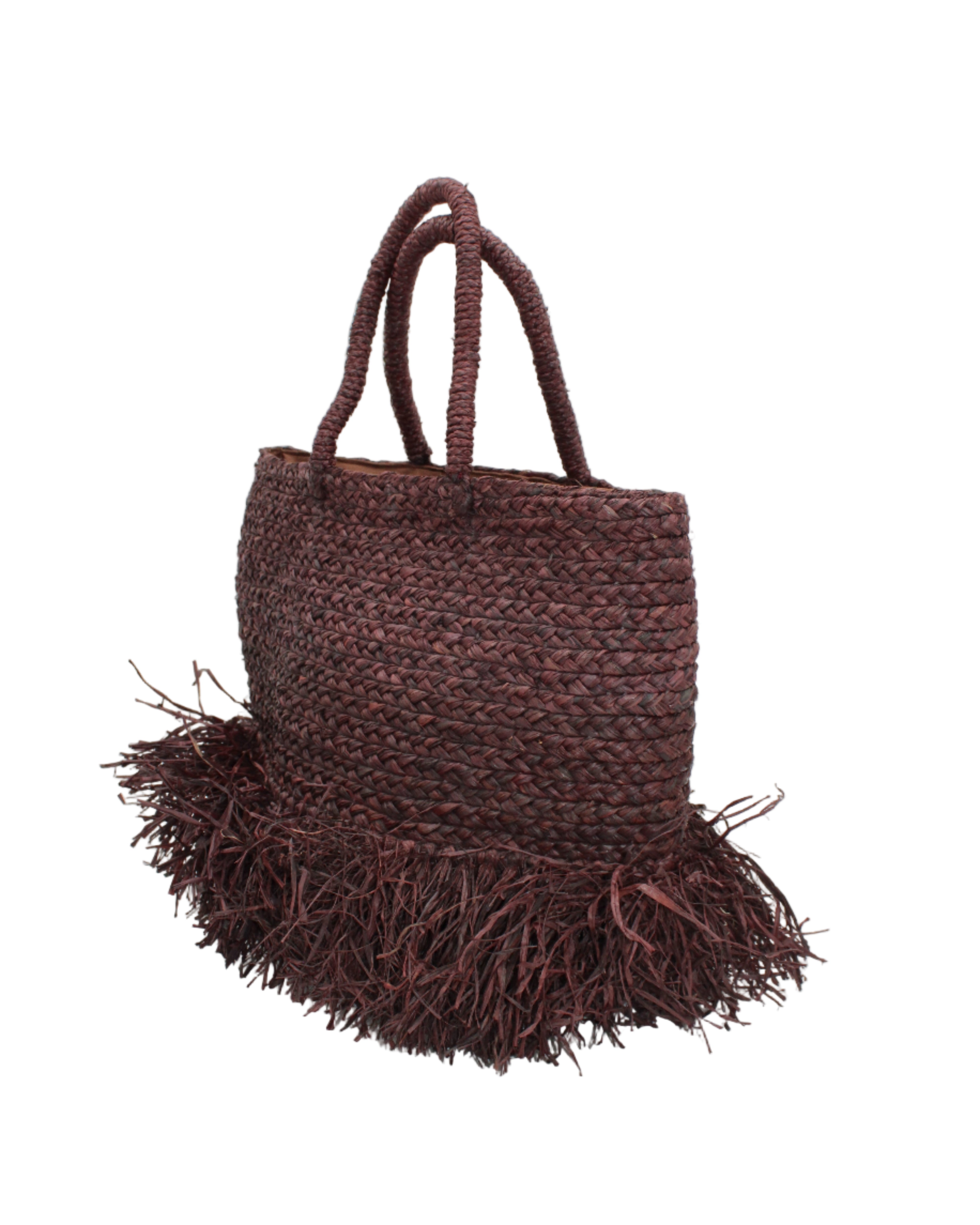 Side view Hanalei Braided Straw Basket Shoulder Bag with Fringe handmade braided natural raffia palm fiber in a solid hue of Mocha chocolate/dark/brown with horizontal bands of braids  making a subtle texture and knotted long brushed fringe band around the botom third of the bag and matching looped handles beach bag purse - Shebobo