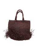 Hanalei Braided Straw Basket Shoulder Bag with Fringe handmade braided natural raffia palm fiber in a solid hue of Mocha chocolate/dark/brown with horizontal bands of braids  making a subtle texture and knotted long brushed fringe band around the botom third of the bag and matching looped handles beach bag purse - Shebobo