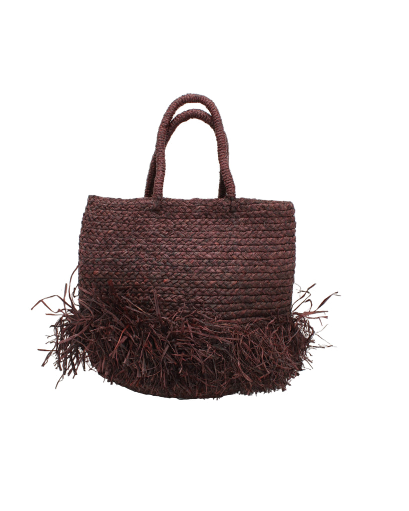 Hanalei Braided Straw Basket Shoulder Bag with Fringe handmade braided natural raffia palm fiber in a solid hue of Mocha chocolate/dark/brown with horizontal bands of braids  making a subtle texture and knotted long brushed fringe band around the botom third of the bag and matching looped handles beach bag purse - Shebobo