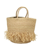 Hanalei Braided Straw Basket Shoulder Bag with Fringe handmade braided natural raffia palm fiber in a solid hue of Natural straw color with horizontal bands of braids  making a subtle texture and knotted long brushed fringe band around the botom third of the bag and matching looped handles beach bag purse - Shebobo
