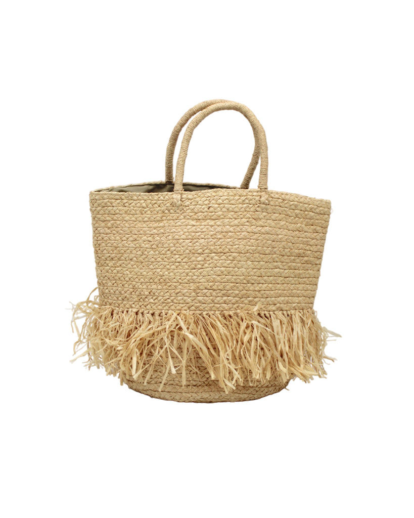 Hanalei Braided Straw Basket Shoulder Bag with Fringe handmade braided natural raffia palm fiber in a solid hue of Natural straw color with horizontal bands of braids  making a subtle texture and knotted long brushed fringe band around the botom third of the bag and matching looped handles beach bag purse - Shebobo