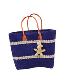 Havana Sisal Basket Bag with Tassel Charm Embellishment handmade sisal fiber woven into horizontal wide bands of dusk dark blue with two evenly spaced narrow bands of natural straw color create a stripe pattern with natural crochet starfish charm embellishment and leather handles handbag shoulder bag - Shebobo