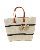 Havana Sisal Basket Bag with Tassel Charm Embellishment handmade sisal fiber woven into horizontal wide bands of natural straw color with two evenly spaced narrow bands of black create a stripe pattern with matching crochet starfish charm embellishment and leather handles handbag shoulder bag - Shebobo