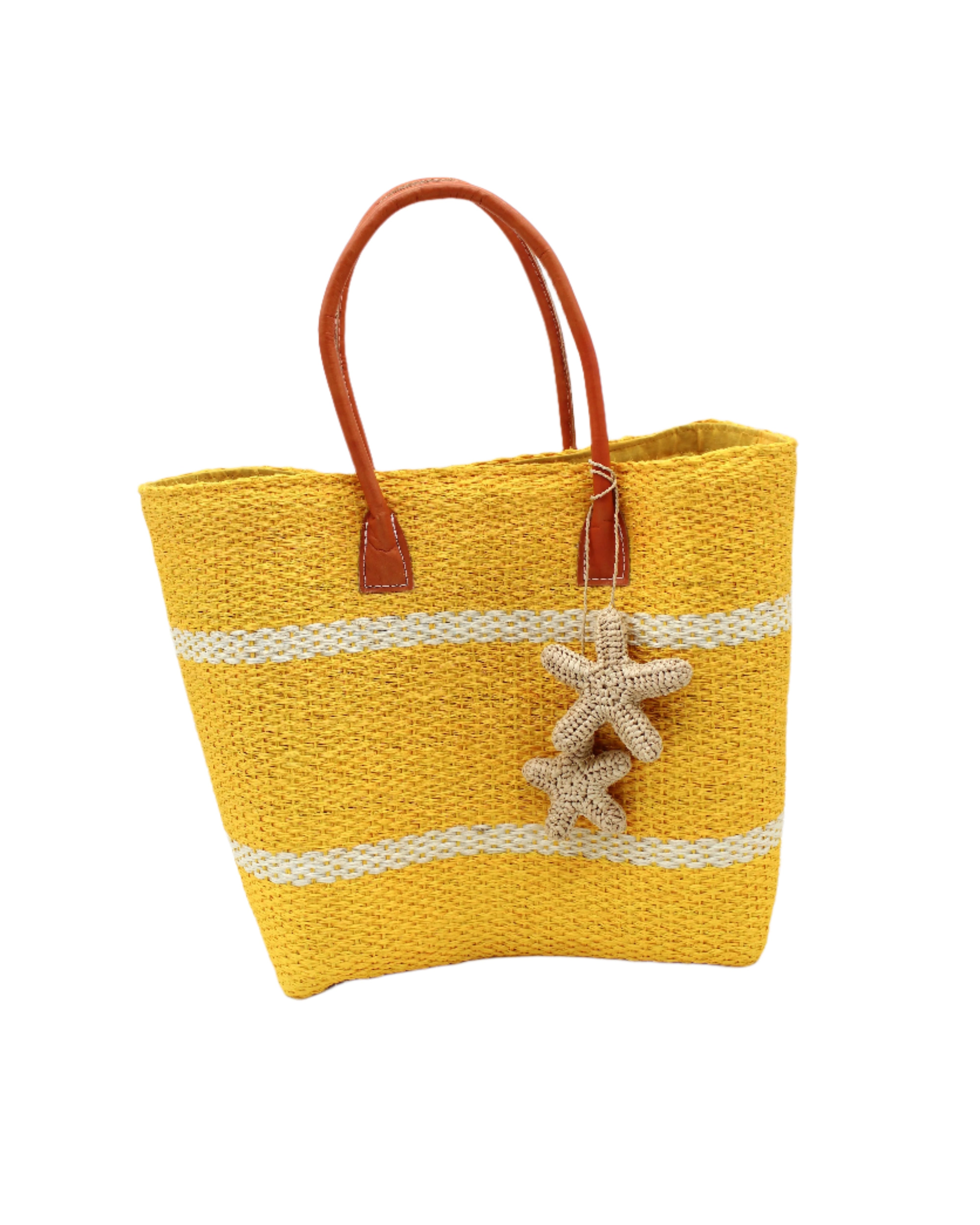 Havana Sisal Basket Bag with Tassel Charm Embellishment handmade sisal fiber woven into horizontal wide bands of saffron yellow with two evenly spaced narrow bands of natural straw color create a stripe pattern with natural crochet starfish charm embellishment and leather handles handbag shoulder bag - Shebobo