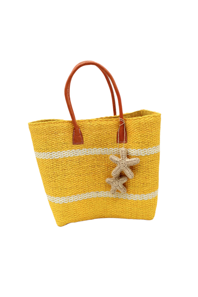 Havana Sisal Basket Bag with Tassel Charm Embellishment handmade sisal fiber woven into horizontal wide bands of saffron yellow with two evenly spaced narrow bands of natural straw color create a stripe pattern with natural crochet starfish charm embellishment and leather handles handbag shoulder bag - Shebobo