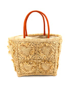 Hearts Crochet Straw Basket Bag with Fringed Heart Pattern handmade woven raffia in a solid hue of natural straw color with granny square pattern and raised/stuffed heart pattern with fringe edges on each heart, looped base and top binding, as well as leather handles purse beach bag shoulder bag - Shebobo 