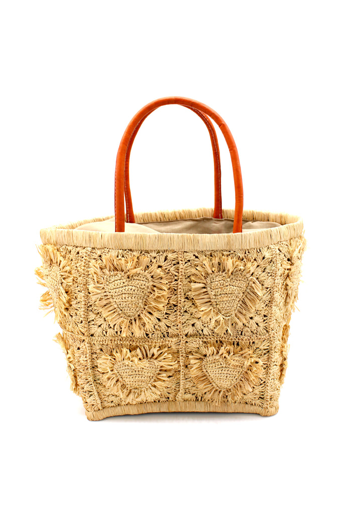 Hearts Crochet Straw Basket Bag with Fringed Heart Pattern handmade woven raffia in a solid hue of natural straw color with granny square pattern and raised/stuffed heart pattern with fringe edges on each heart, looped base and top binding, as well as leather handles purse beach bag shoulder bag - Shebobo 