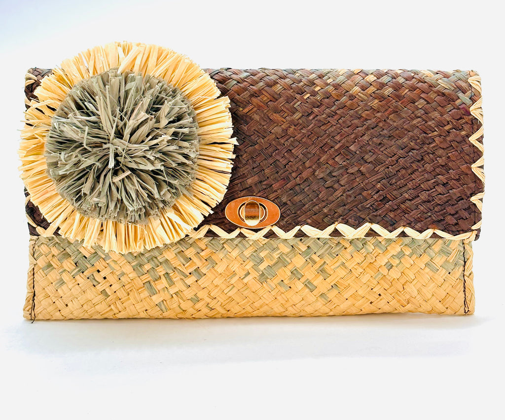 Holden Ombre Black Straw Clutch with Flower Pouf handmade woven raffia dip dyed gradient of black, grey, and natural with large two tone natural and grey fringe flower embellishment - Shebobo