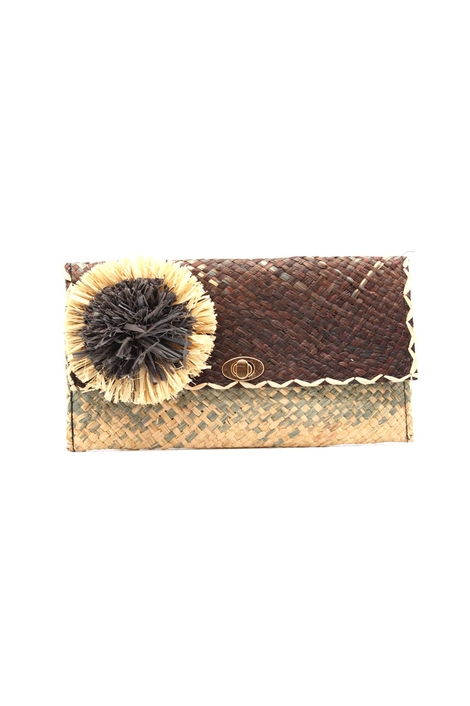 Holden Ombre Black Straw Clutch with Flower Pouf handmade woven raffia dip dyed gradient of black, grey, and natural with large two tone natural and grey fringe flower embellishment - Shebobo