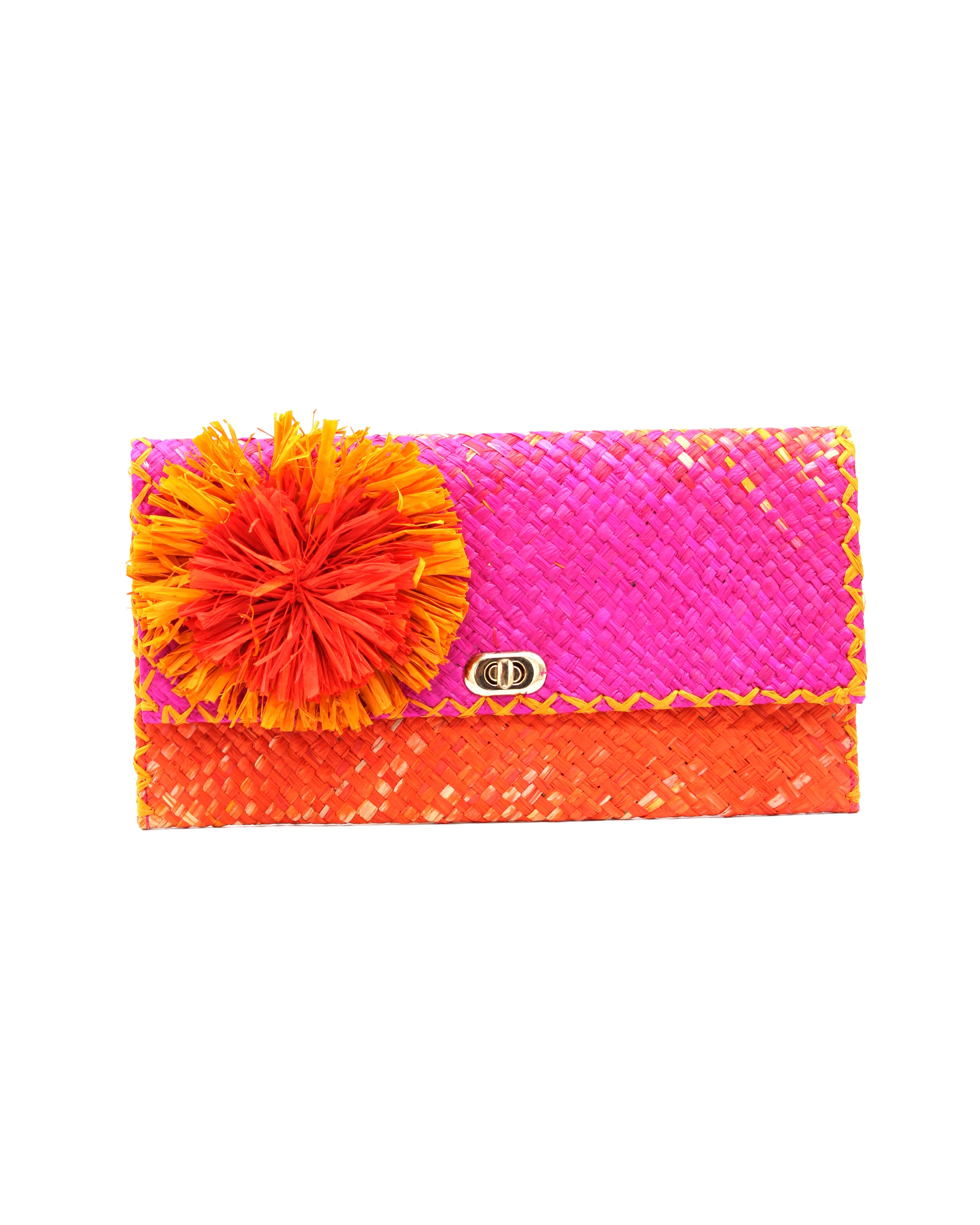Holden Ombre Fuchsia Straw Clutch with Flower Pouf handmade woven raffia dip dyed gradient of fuchsia bright/barbie/pink, saffron yellow, and coral orange/red with large coral and fuchsia fringe flower embellishment - Shebobo