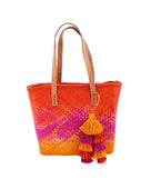 Holden Ombre Fuchsia Straw Handbag Tassel Charm Embellishment handmade woven raffia dip dyed gradient of coral orange/red, fuchsia bright pink, and saffron yellow with matching multicolored, multi-tiered raffia tuft tassel - Shebobo