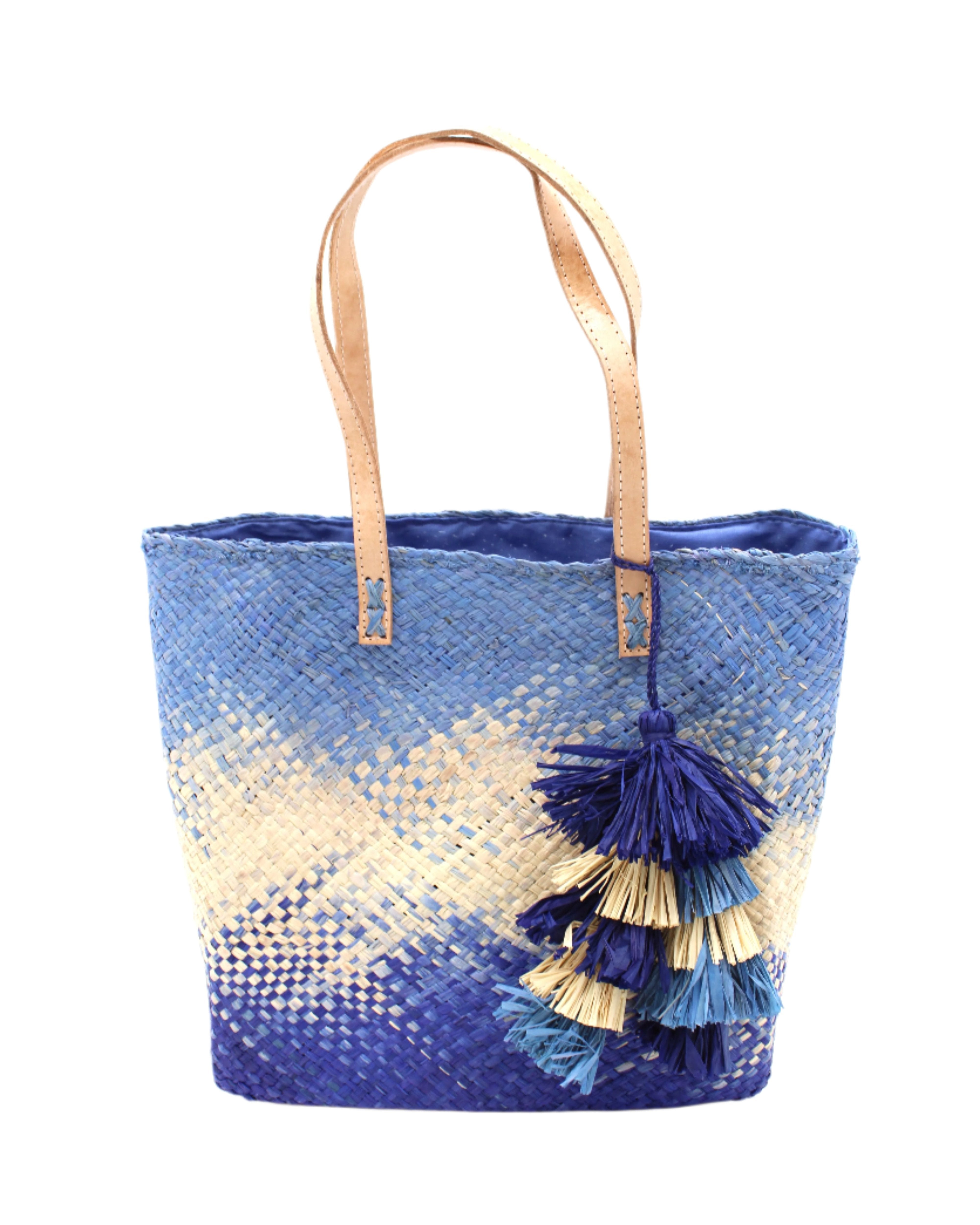Holden Ombre Denim Straw Handbag Tassel Charm Embellishment handmade woven raffia dip dyed gradient of denim retro/light/blue, natural straw color, and dusk navy/dark/blue with matching multicolored, multi-tiered raffia tuft tassel - Shebobo