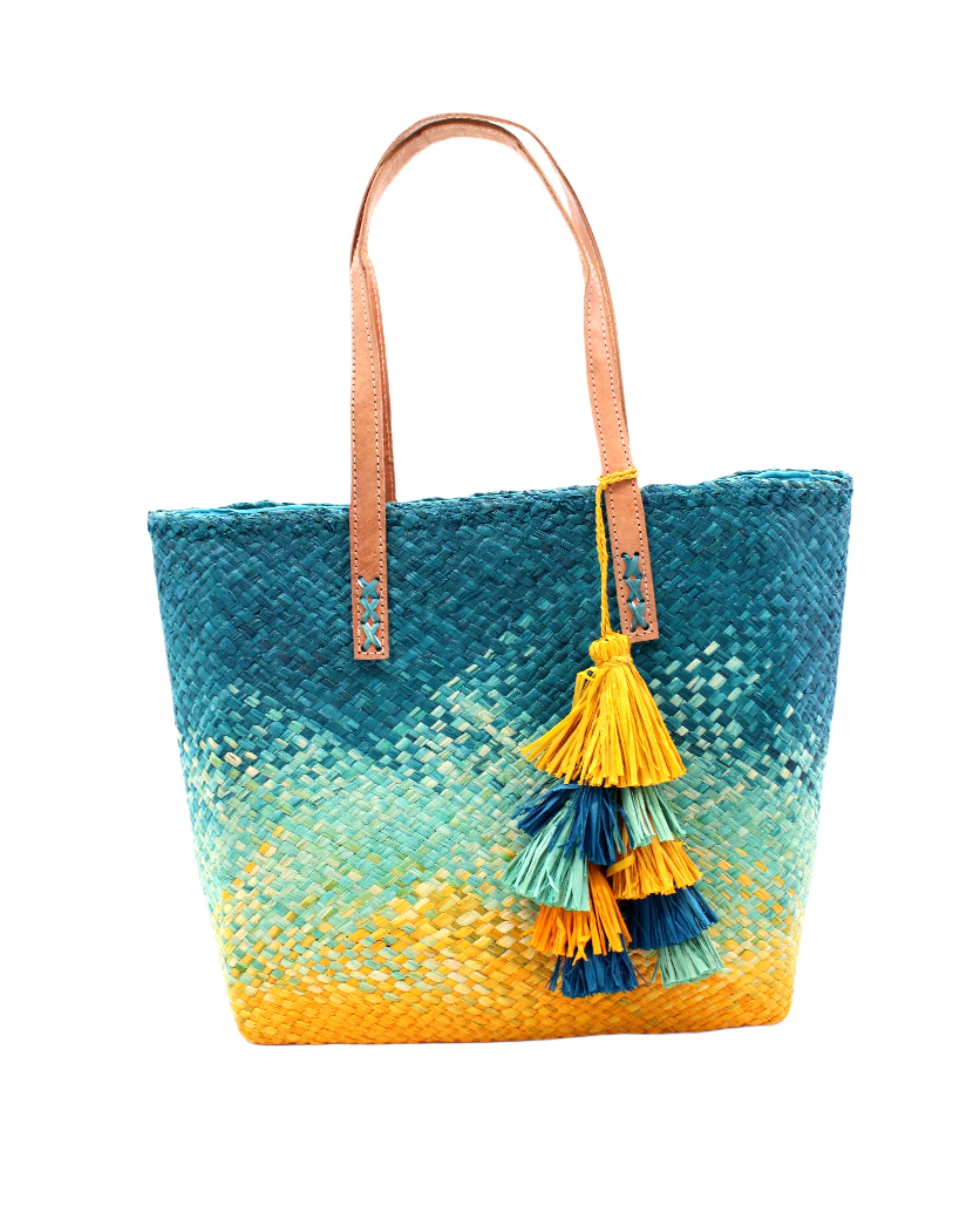 Holden Ombre Turquoise Straw Handbag Tassel Charm Embellishment handmade woven raffia dip dyed gradient of turquoise blue, seafoam blue/green, and saffron yellow with matching multicolored, multi-tiered raffia tuft tassel - Shebobo