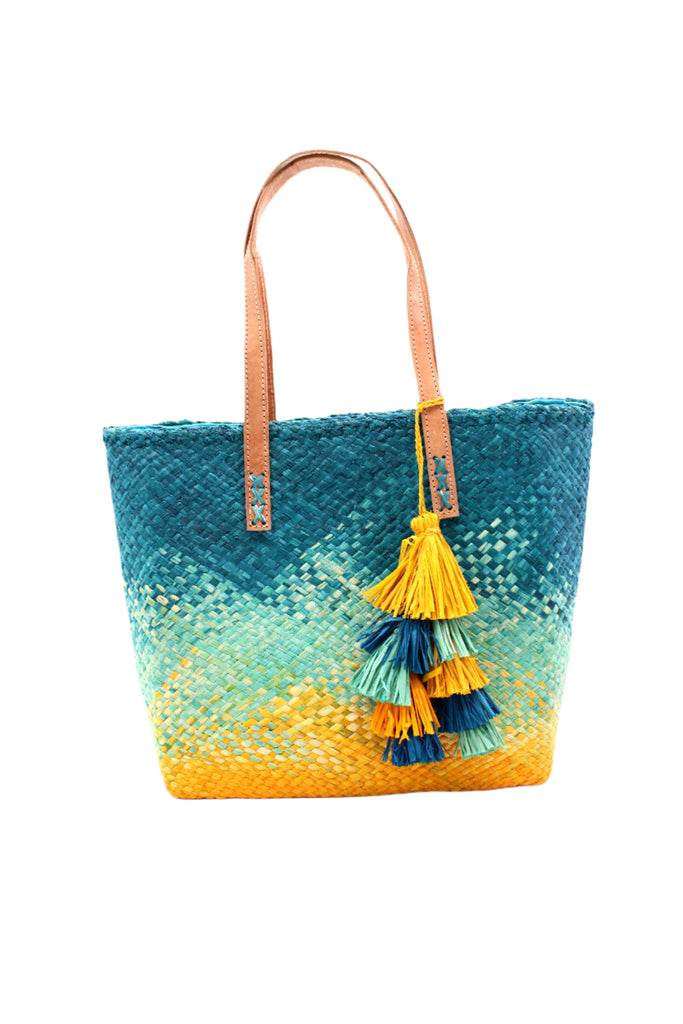 Holden Ombre Turquoise Straw Handbag Tassel Charm Embellishment handmade woven raffia dip dyed gradient of turquoise blue, seafoam blue/green, and saffron yellow with matching multicolored, multi-tiered raffia tuft tassel - Shebobo