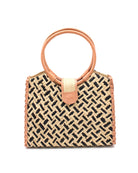 Ibiza Black Two Tone Straw HandBag with Leather Handles handmade woven natural raffia fiber purse with black and natural crosshatch pattern and loomed sides with leather loop handles, woven leather side seam binding, and flap closure - Shebobo