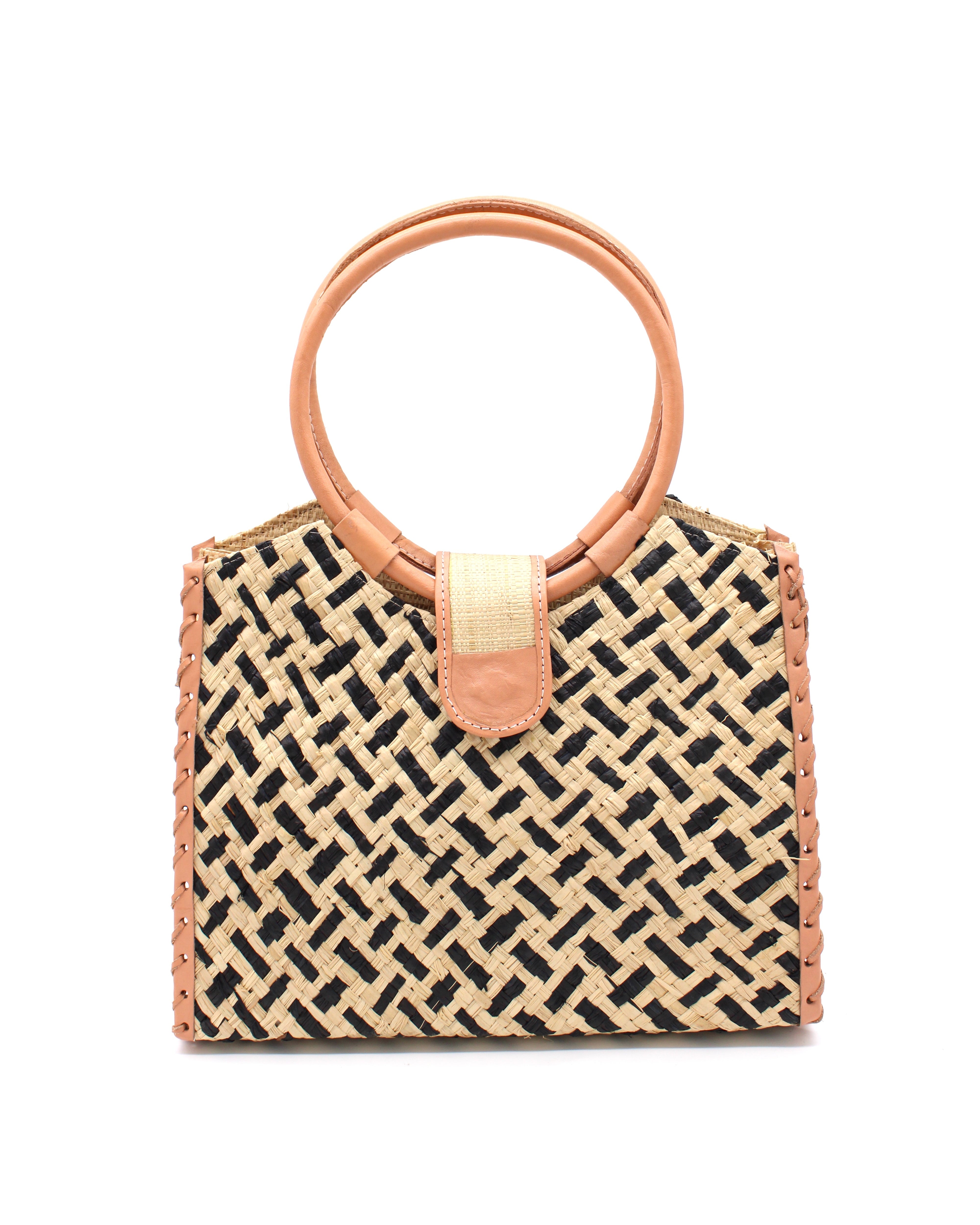 Ibiza Black Two Tone Straw HandBag with Leather Handles handmade woven natural raffia fiber purse with black and natural crosshatch pattern and loomed sides with leather loop handles, woven leather side seam binding, and flap closure - Shebobo