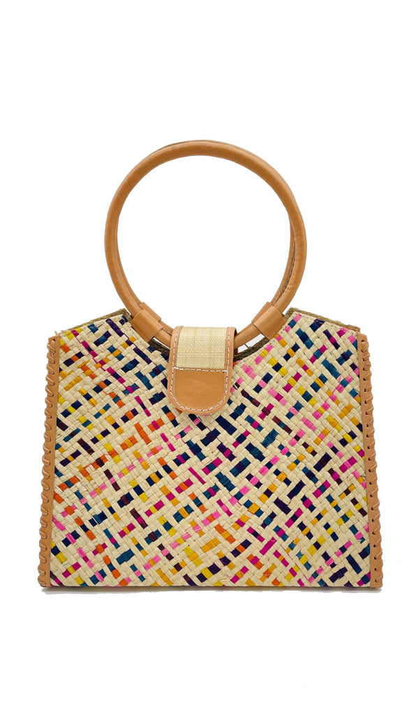 Ibiza Confetti Multi Straw HandBag with Leather Handles handmade woven natural raffia fiber purse with multicolor natural, yellow, orange, pink, fuchsia, bordeaux, turquoise, etc.  crosshatch pattern and loomed sides with leather loop handles, woven leather side seam binding, and flap closure - Shebobo