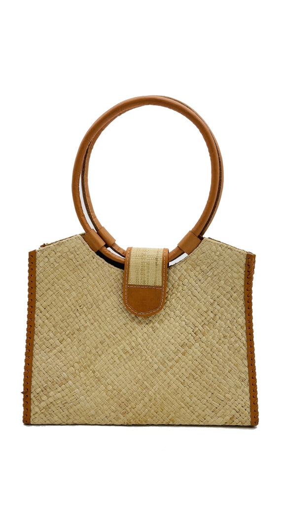 Ibiza Natural Straw HandBag with Leather Handles handmade woven natural raffia fiber purse with natural crosshatch pattern and loomed sides with leather loop handles, woven leather side seam binding, and flap closure - Shebobo