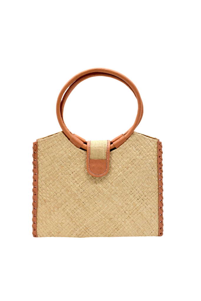 Ibiza Natural Straw HandBag with Leather Handles handmade woven natural raffia fiber purse with natural crosshatch pattern and loomed sides with leather loop handles, woven leather side seam binding, and flap closure - Shebobo