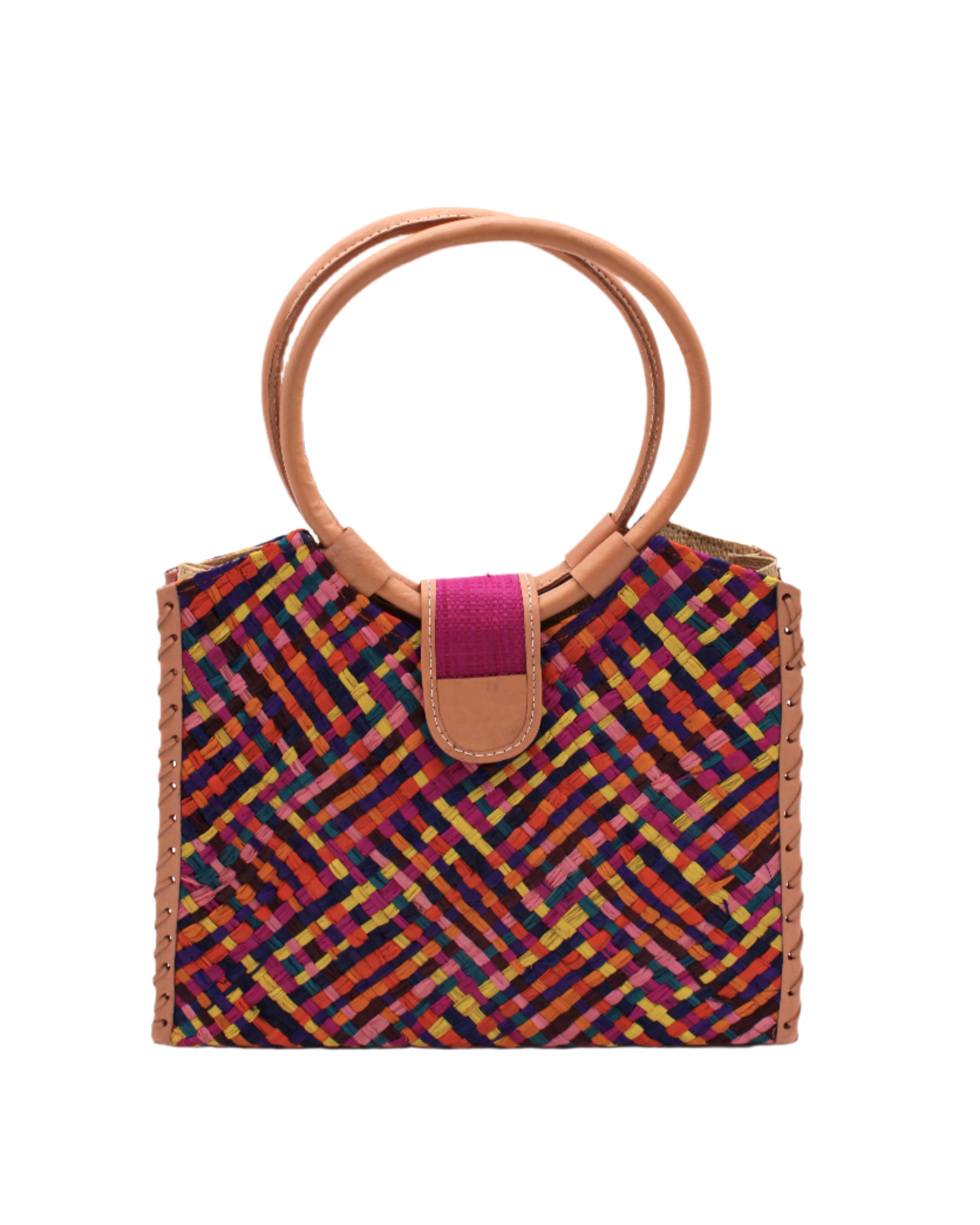 Ibiza Raspberry Multi Straw HandBag with Leather Handles handmade woven natural raffia fiber purse with multicolor yellow, orange, pink, fuchsia, bordeaux, blue, turquoise, etc. crosshatch pattern and loomed sides with leather loop handles, woven leather side seam binding, and flap closure - Shebobo