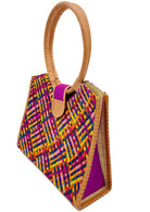 Side view Ibiza Raspberry Multi Straw HandBag with Leather Handles handmade woven natural raffia fiber purse with multicolor yellow, orange, pink, fuchsia, bordeaux, blue, turquoise, etc. crosshatch pattern and loomed sides with leather loop handles, woven leather side seam binding, and flap closure - Shebobo